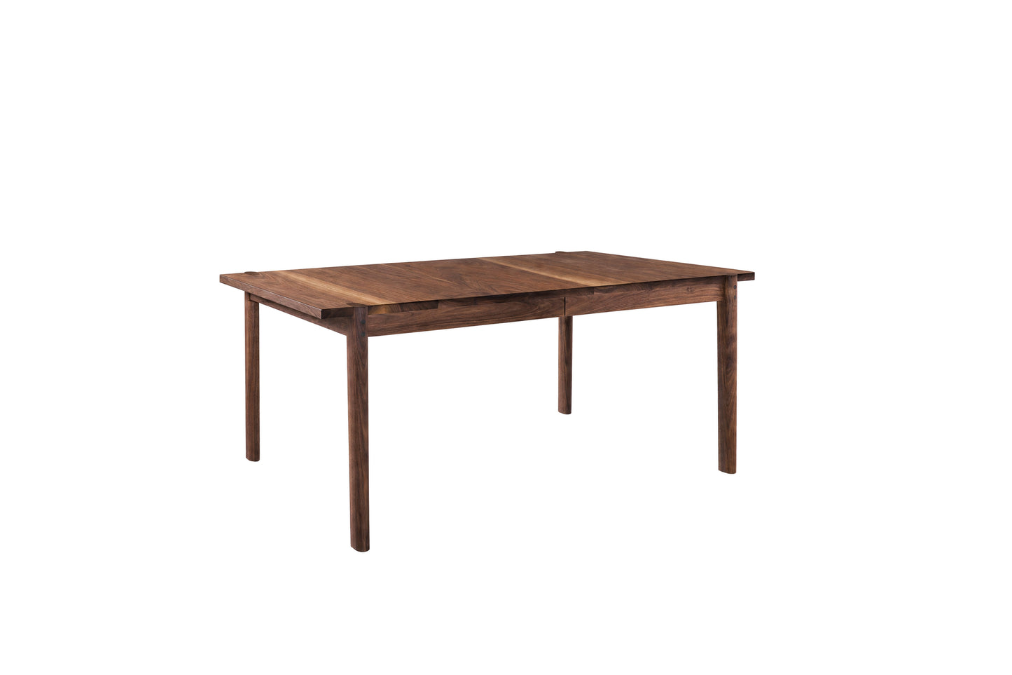 A dark brown wooden dining table with a rectangular shape and four legs, shown from a three-quarters angle on a solid white background.