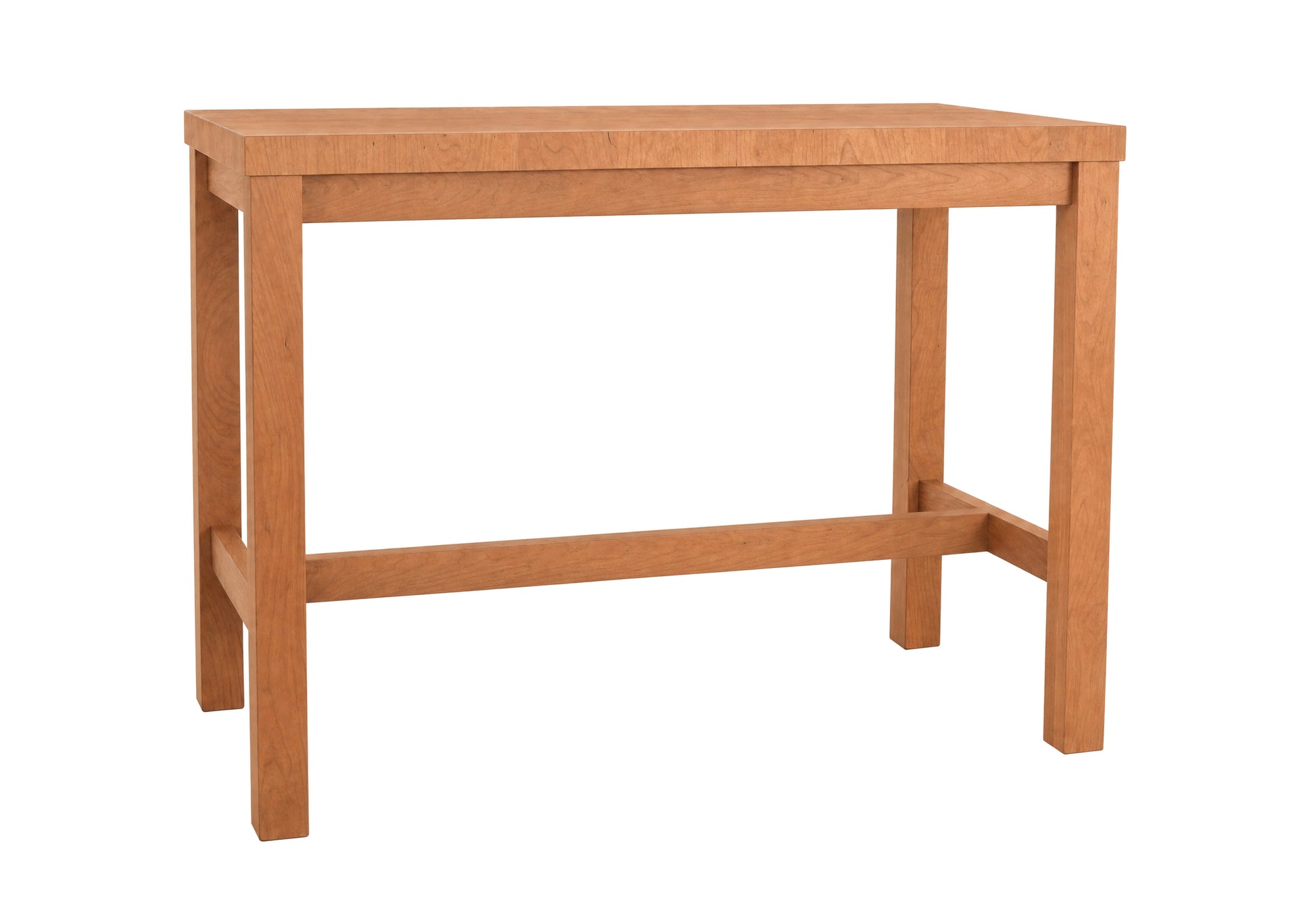 A Cherry wood butcher block island with a rectangular top, four legs, and a front support rail, shown on a plain white background.