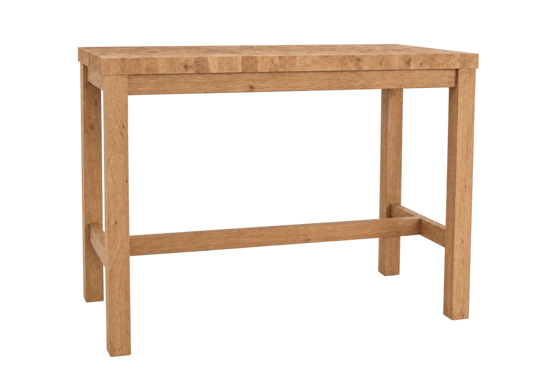 A light natural Oak wood butcher block island with a rectangular top, four legs, and a front support rail, shown on a plain white background.