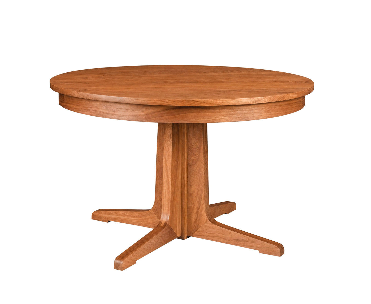 A round wooden pedestal dining table with a warm medium-brown finish, featuring a four-star base and a smooth oval tabletop, shown against a plain white background.