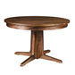 A round wooden pedestal dining table with a rich walnut-like finish, featuring a four-star base and a subtle shadow effect under the tabletop, isolated on a white background.