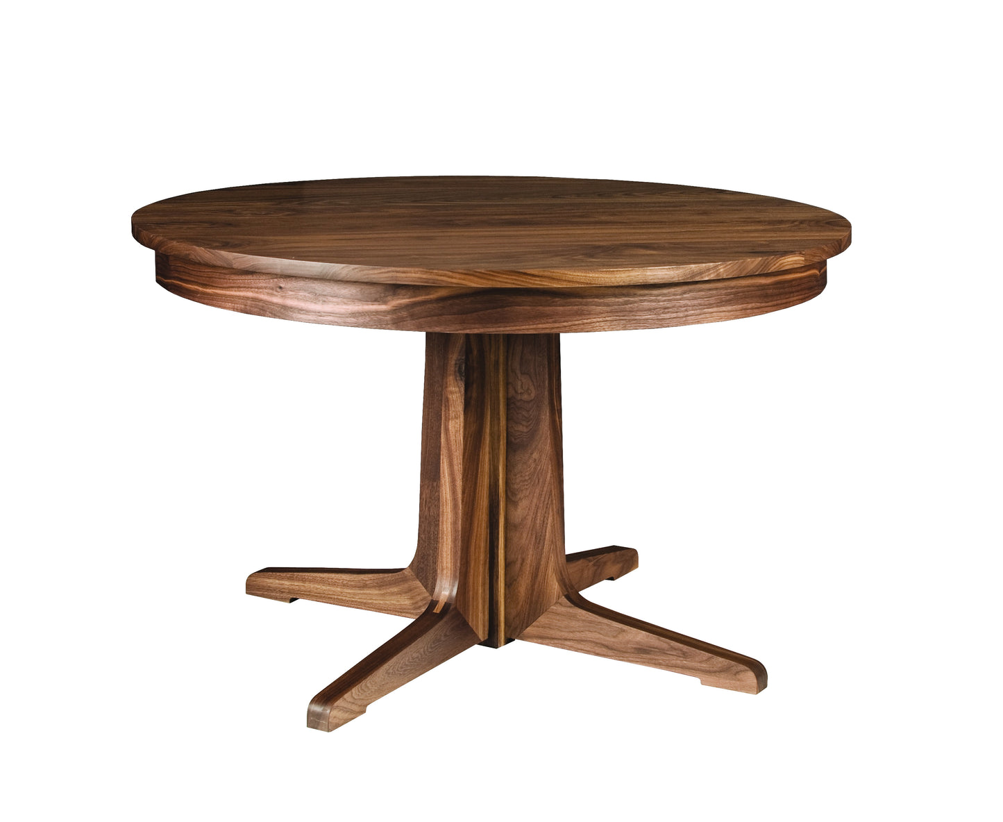 A round wooden pedestal dining table with a rich walnut-like finish, featuring a four-star base and a subtle shadow effect under the tabletop, isolated on a white background.