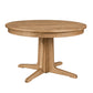 A round wooden pedestal dining table with a natural oak finish, featuring a four-star base and a thick round tabletop, shown against a plain white background.