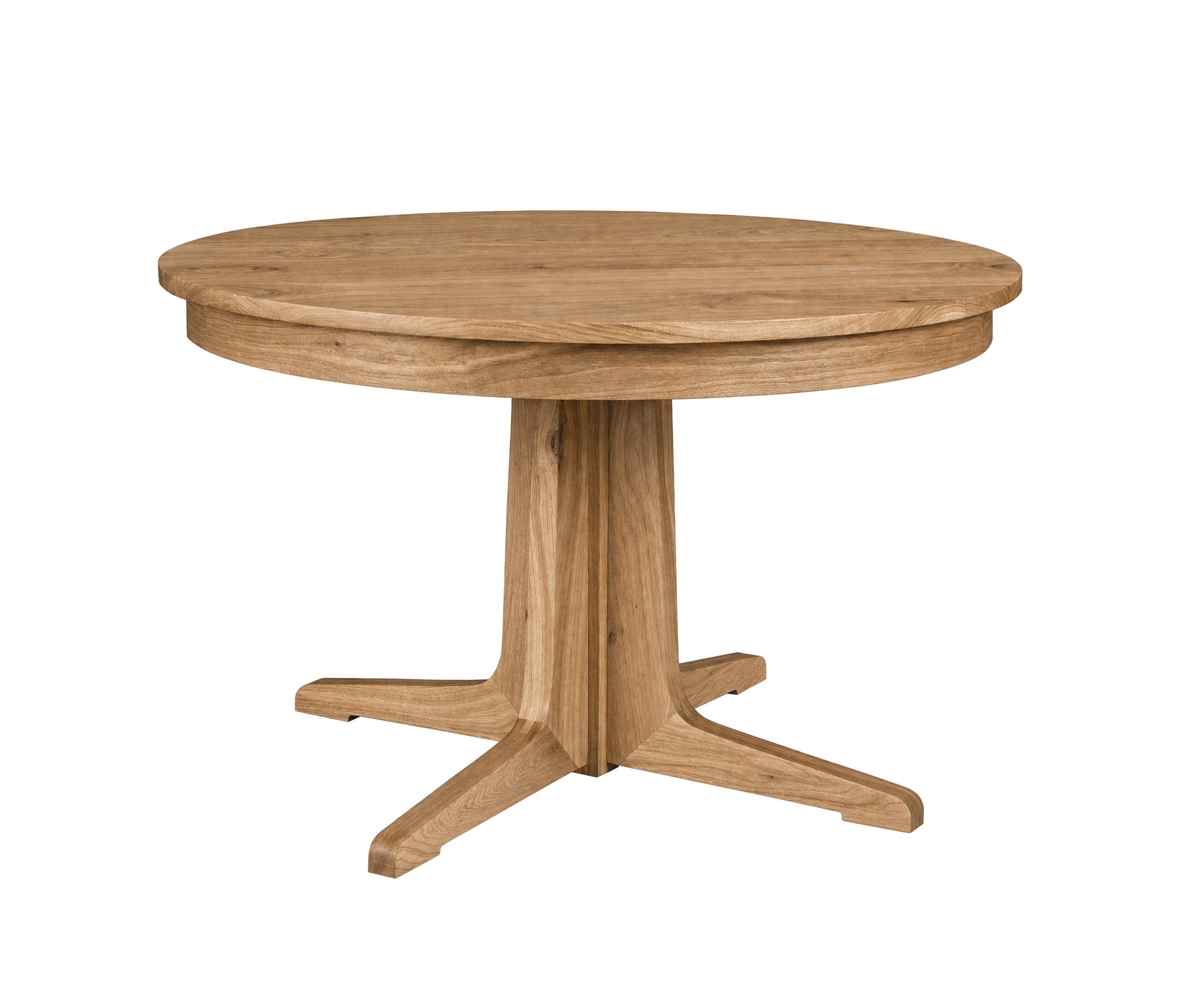 A round wooden pedestal dining table with a natural oak finish, featuring a four-star base and a thick round tabletop, shown against a plain white background.