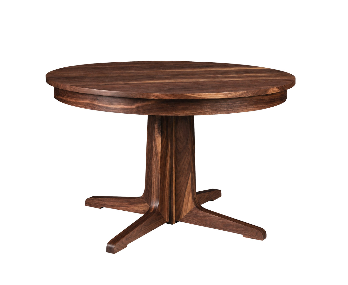 A round wooden pedestal dining table with a dark brown wood grain finish and a four-leg star base, shown on a solid white background.