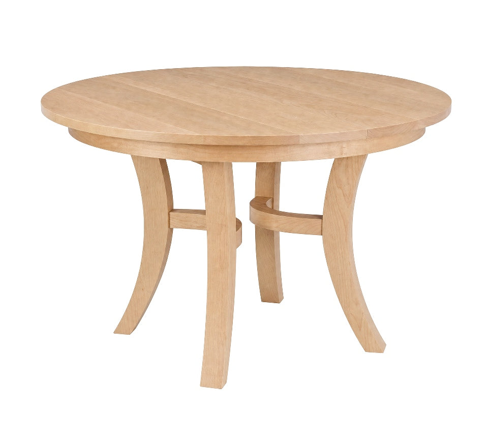 A round light Maple dining table with curved legs and a natural wood finish, shown on a solid white background.