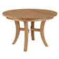A round wooden dining table with a natural oak finish, featuring curved legs and a central stretcher, shown on a plain white background.