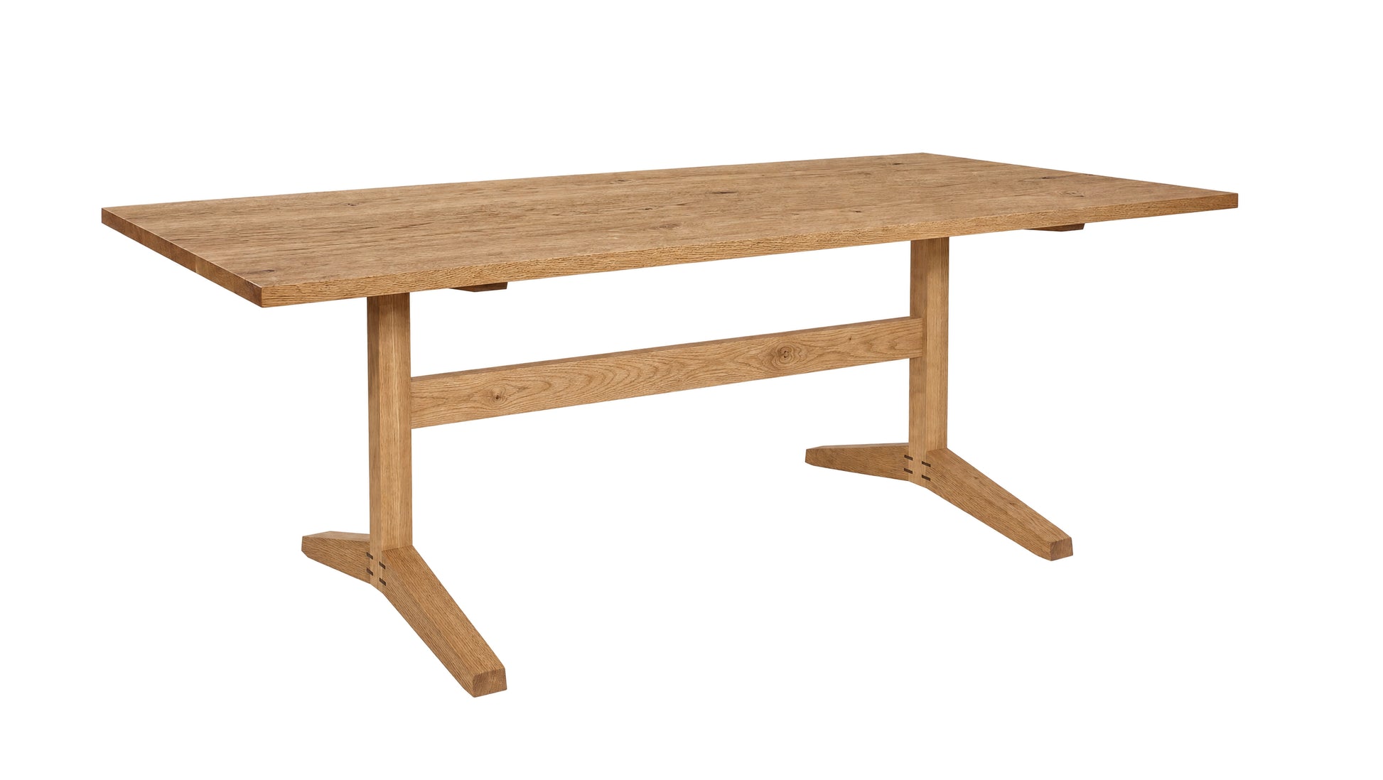 A light oak wood dining table with a rectangular top and two A-frame legs, shown on a solid white background.