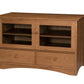 A medium Cherry wooden media console with two glass-front upper cabinets, two lower drawers, and curved front feet, shown on a plain white background.
