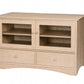 A Maple wooden media console with two glass-front upper cabinets, two lower drawers, and curved front feet, shown on a plain white background.