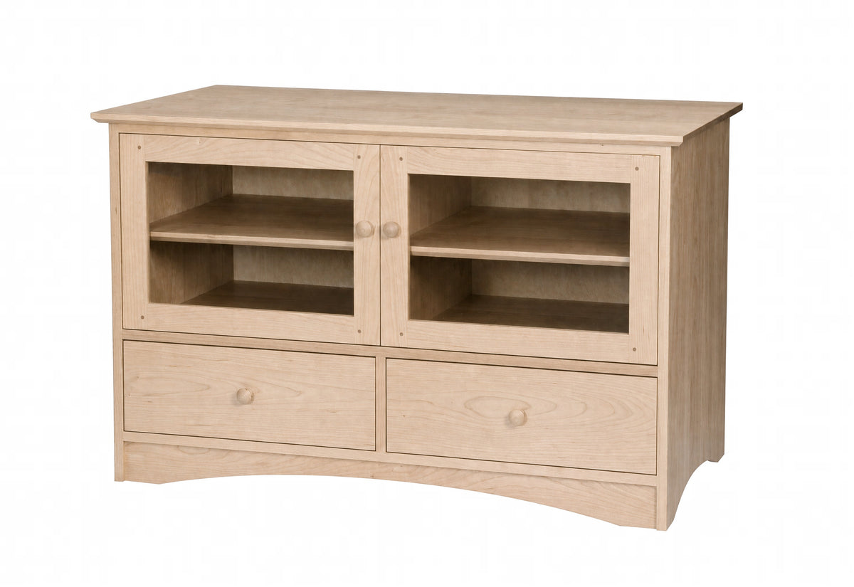 A Maple wooden media console with two glass-front upper cabinets, two lower drawers, and curved front feet, shown on a plain white background.