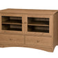 An Oak wooden media console or TV stand with two glass-front upper cabinets, two lower drawers, and curved front feet, shown on a plain white background.