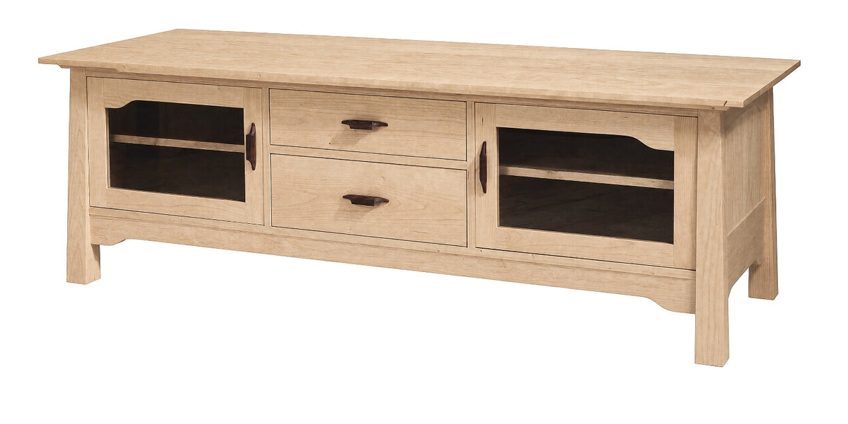 A light natural wood TV stand or coffee table with two drawers in the center and two glass-front cabinet doors on the sides, shown on a plain white background.