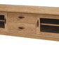 A rustic oak wood TV stand or console table with three drawers in the center and two glass-front cabinets on the sides, shown on a plain white background.