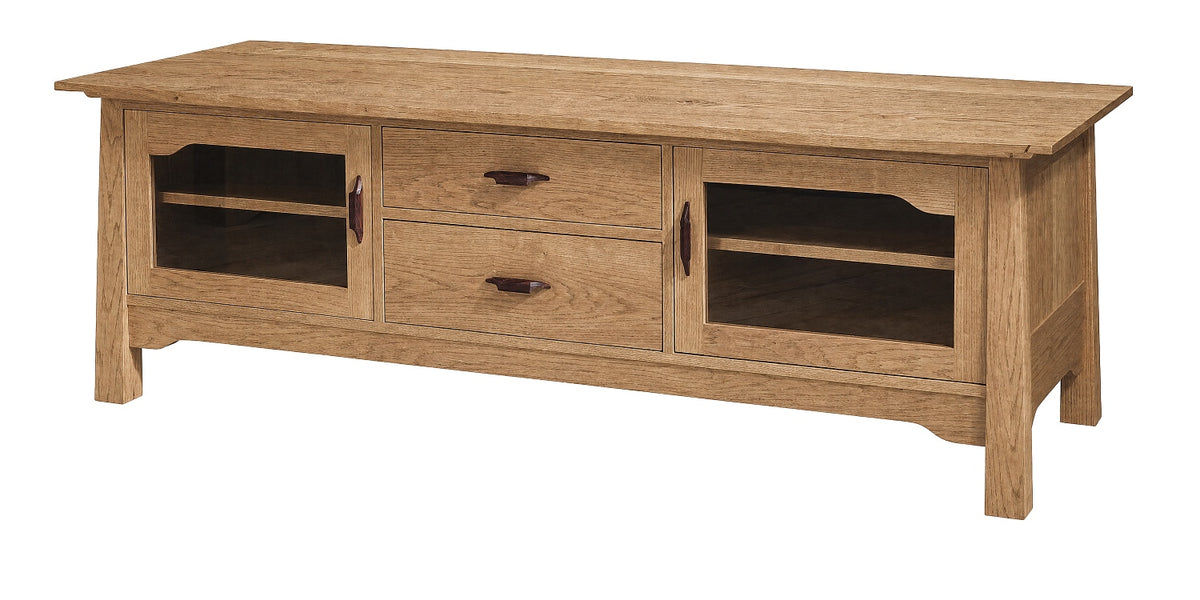 A rustic oak wood TV stand or console table with three drawers in the center and two glass-front cabinets on the sides, shown on a plain white background.