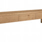 A modern long console with three drawers, featuring a natural oak finish and open square legs, shown on a plain white background.