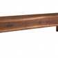 A modern wooden tv console table with three drawers, featuring a rich walnut-like wood grain finish and open geometric legs, shown against a plain white background.