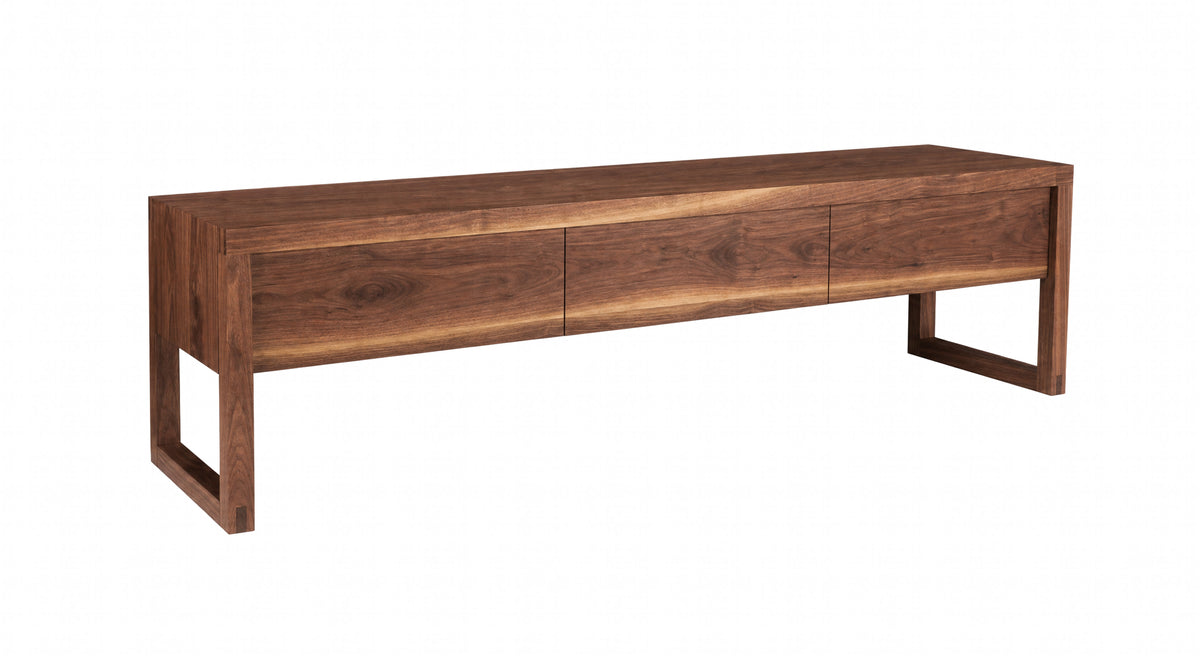 A modern wooden tv console table with three drawers, featuring a rich walnut-like wood grain finish and open geometric legs, shown against a plain white background.