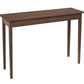 A dark brown wooden console table with a single drawer and a round wooden pull handle, shown on a solid white background.
