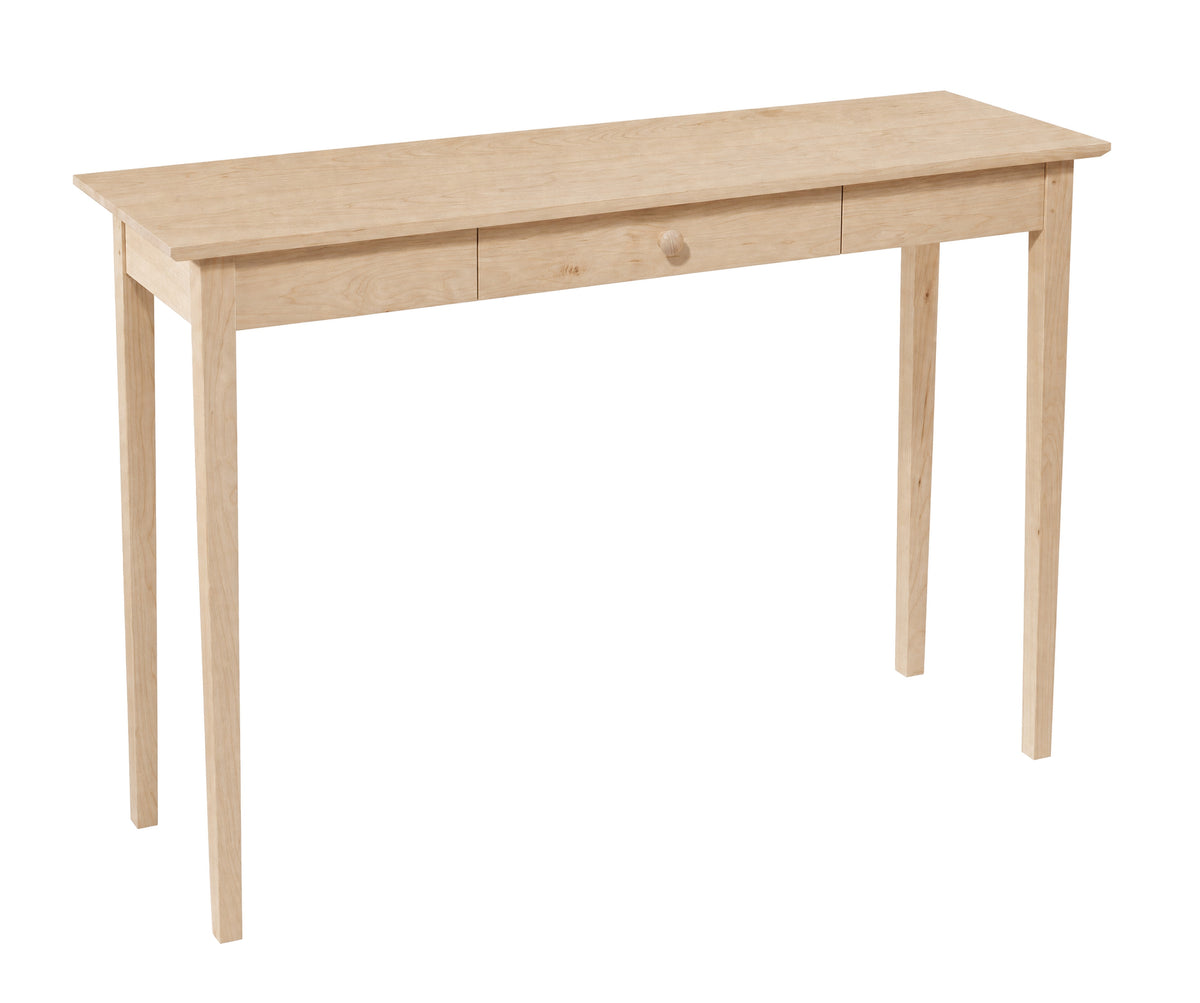 A light natural wood console table with two drawers and a round wooden pull handle, shown on a solid white background.