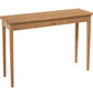 A light brown wooden console table with two drawers and a round wooden knob, shown on a solid white background.