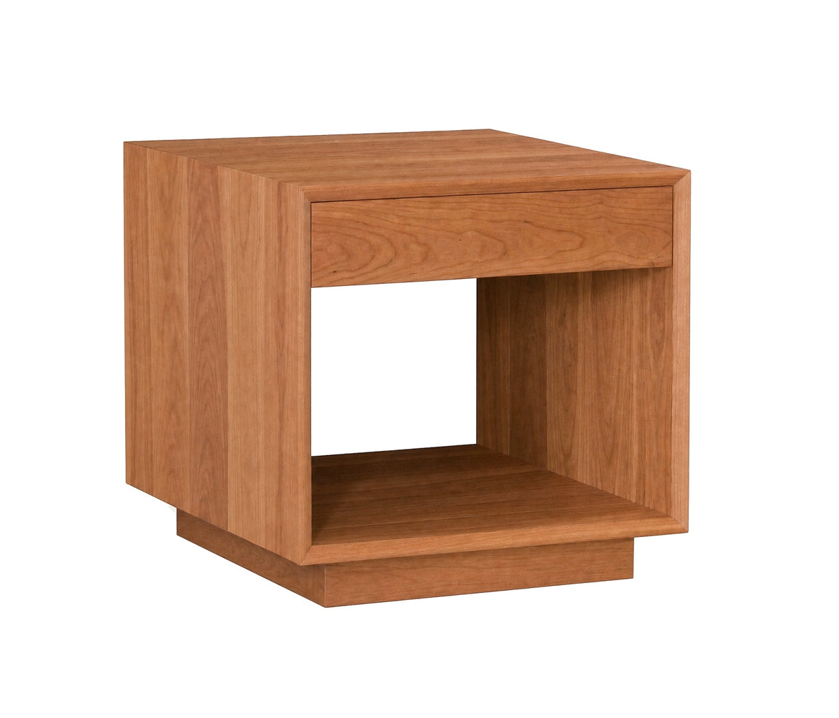 A modern wooden side table with a single drawer and an open cubby shelf, shown from a three-quarter angle on a solid white background.
