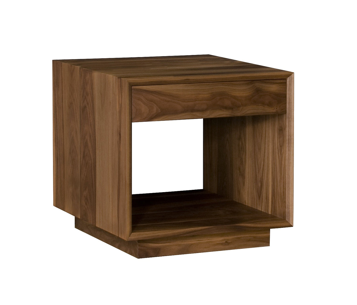A modern square wooden end table with a single drawer and an open cubby shelf, shown on a plain white background.