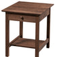 A dark brown wooden end table with a single drawer, round wooden knob, and an open lower shelf, shown on a plain white background.