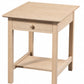 A light natural wood side table with a single drawer, round wooden knob, and an open lower shelf, shown on a plain white background.