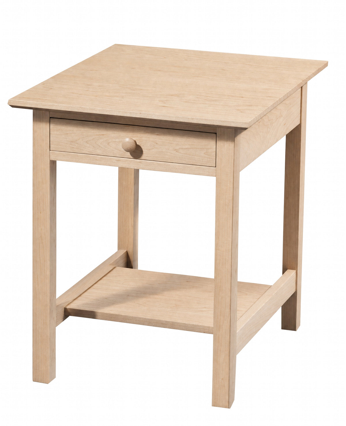 A light natural wood side table with a single drawer, round wooden knob, and an open lower shelf, shown on a plain white background.