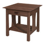 A dark brown wooden end table with a single drawer, a lower shelf, and a square top, shown on a plain white background.