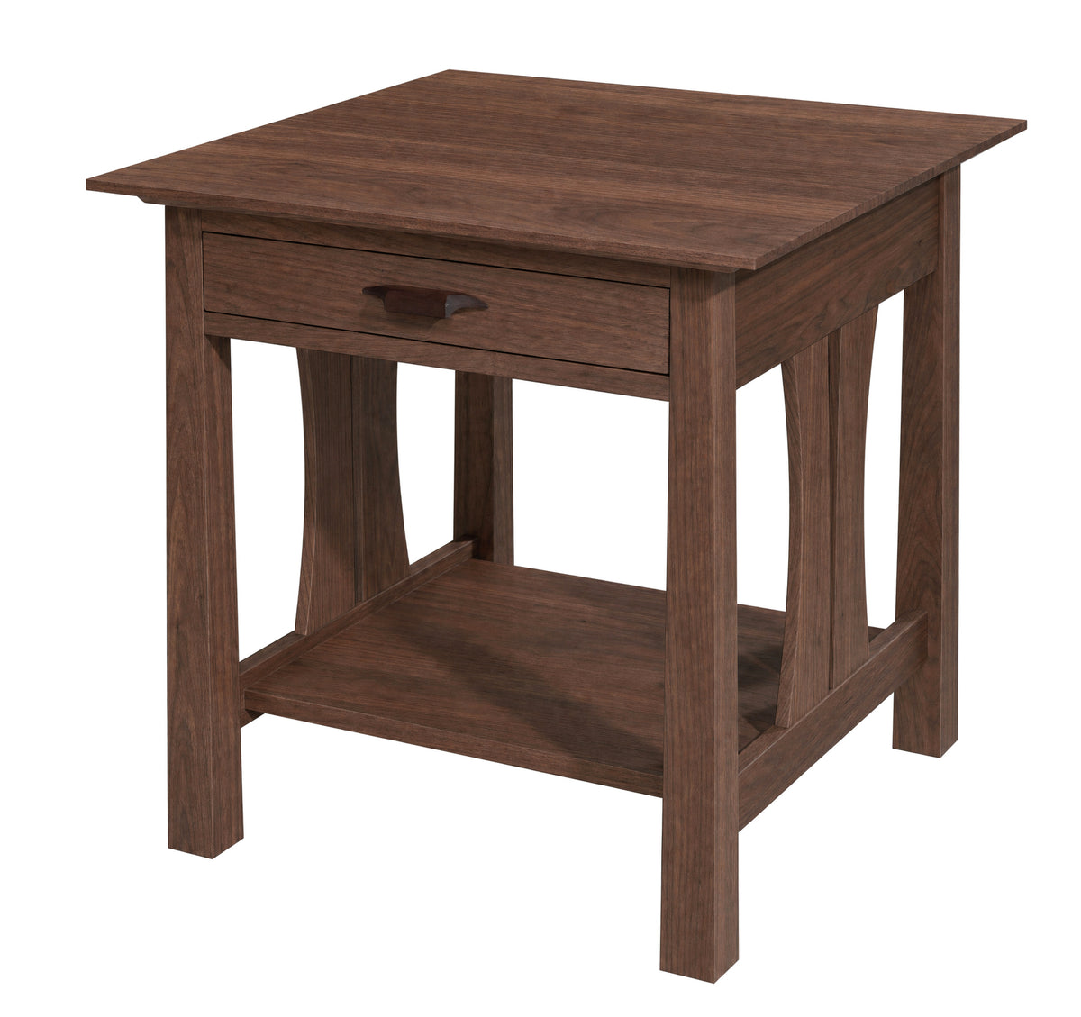 A dark brown wooden end table with a single drawer, a lower shelf, and a square top, shown on a plain white background.