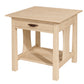 A square wooden end table with a single drawer, open lower shelf, and dark wood drawer pull, shown on a plain white background.