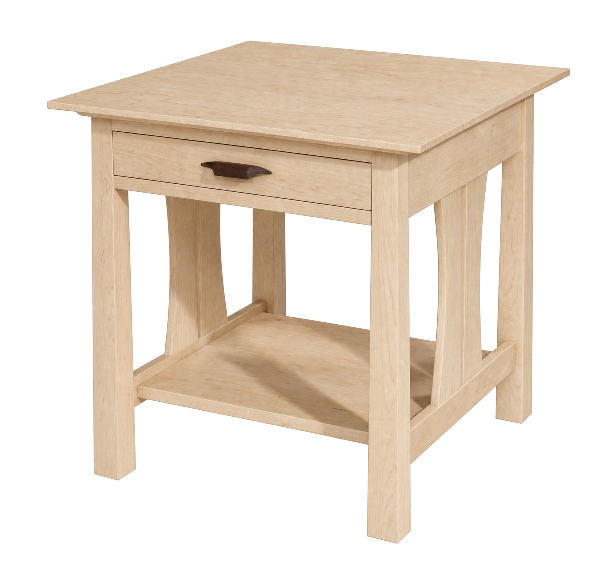 A square wooden end table with a single drawer, open lower shelf, and dark wood drawer pull, shown on a plain white background.