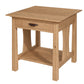 A square wooden end table with a single drawer, open lower shelf, and dark wood drawer pull, shown on a plain white background.