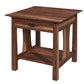 A dark brown wooden end table with a single drawer, open lower shelf, and decorative apron legs, shown on a plain white background.