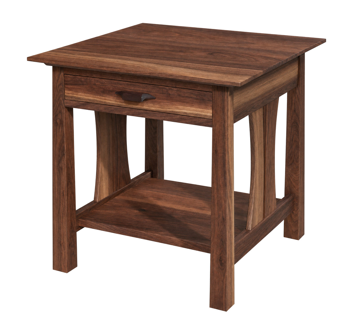 A dark brown wooden end table with a single drawer, open lower shelf, and decorative apron legs, shown on a plain white background.
