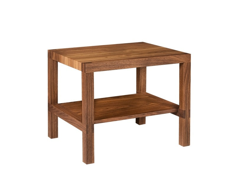A square wooden end table with a warm medium-brown finish, featuring a top surface, four legs, and a lower shelf, shown on a plain white background.