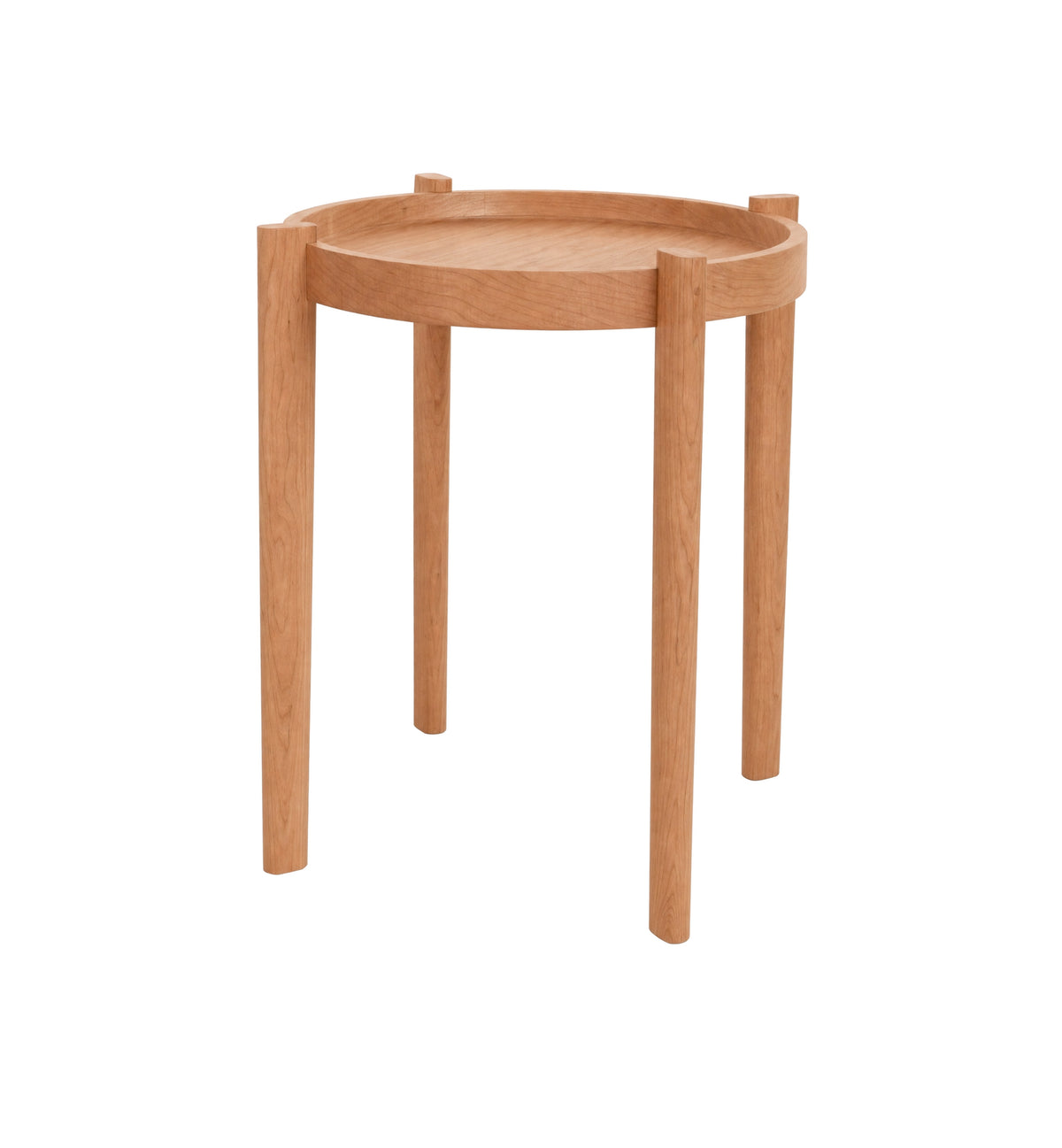 A light oak wood side table with a round tray top and four tapered legs, shown on a plain white background.