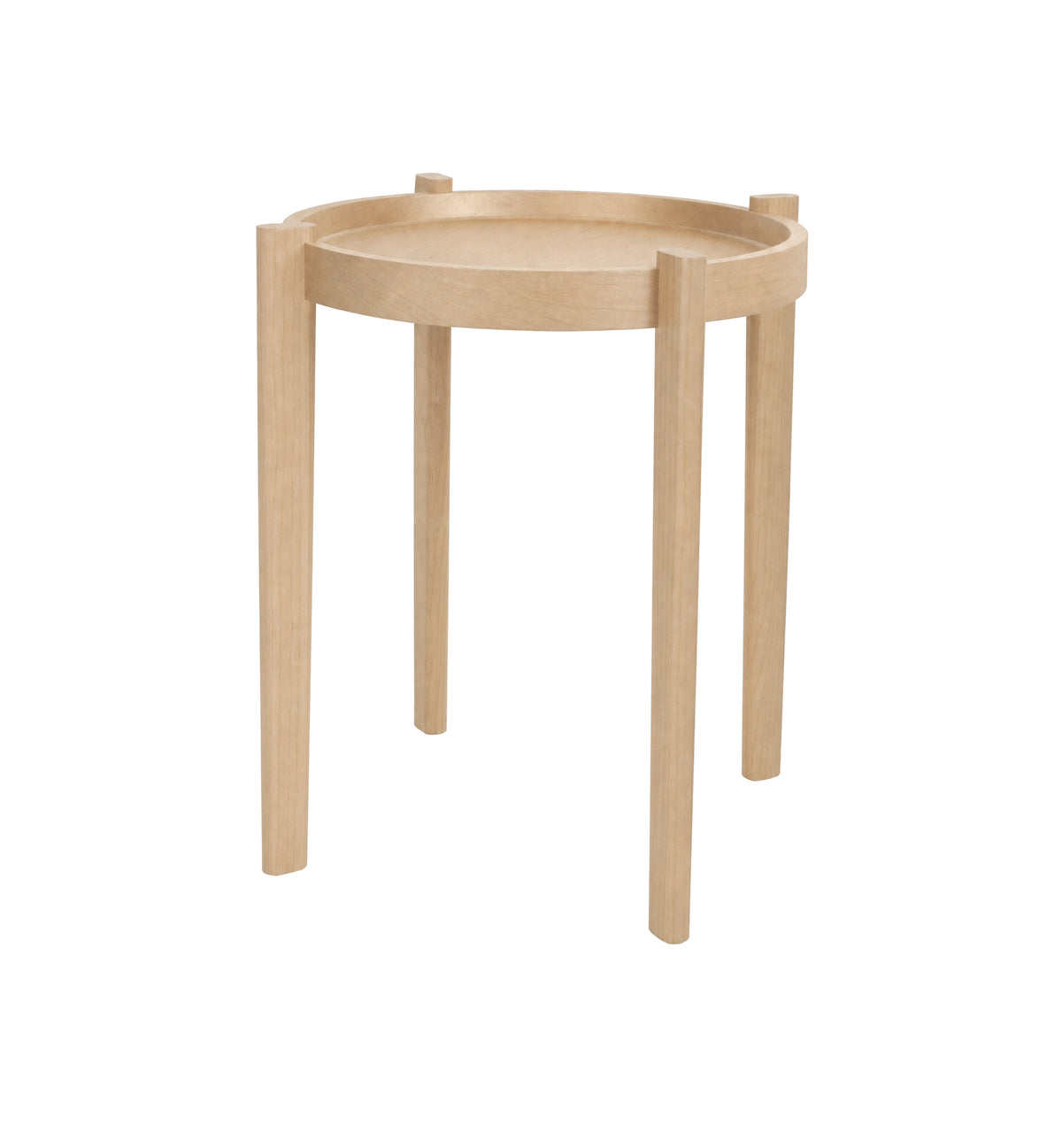 A light natural wood side table with a circular tray top and four straight legs, shown on a plain white background.