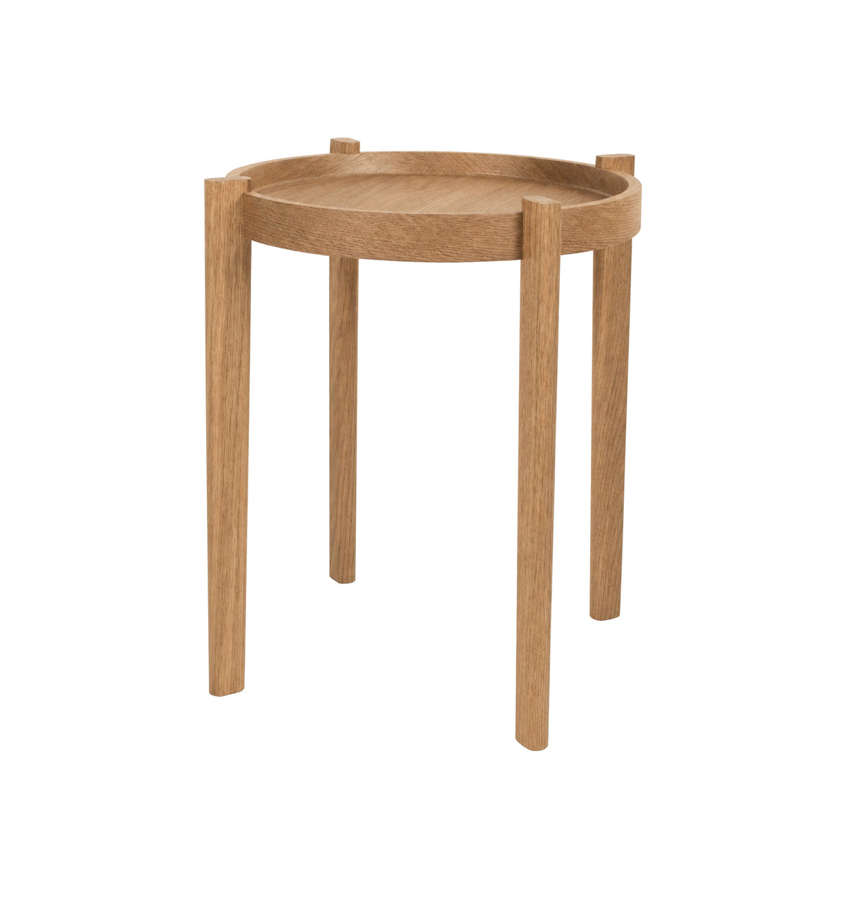 A round wooden side table with four legs and a natural oak finish, shown on a plain white background.