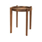 A round wooden side table with four legs and a shallow tray, shown on a plain white background.