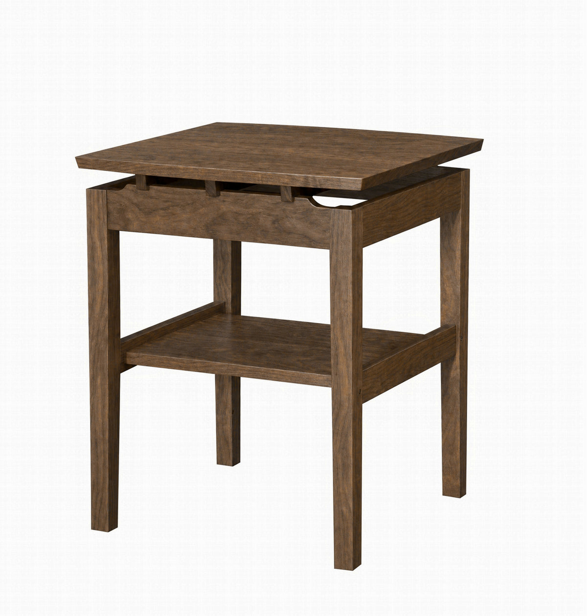 A wooden side table with a dark brown finish, features a lower shelf, and walnut risers under the tabletop, set against a plain white background.