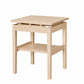 A light Maple wooden side table. Features a lower shelf, and wood risers under the tabletop, set against a plain white background.