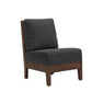 A modern accent chair with dark gray textured fabric upholstery and a medium brown wooden frame, shown against a plain white background.