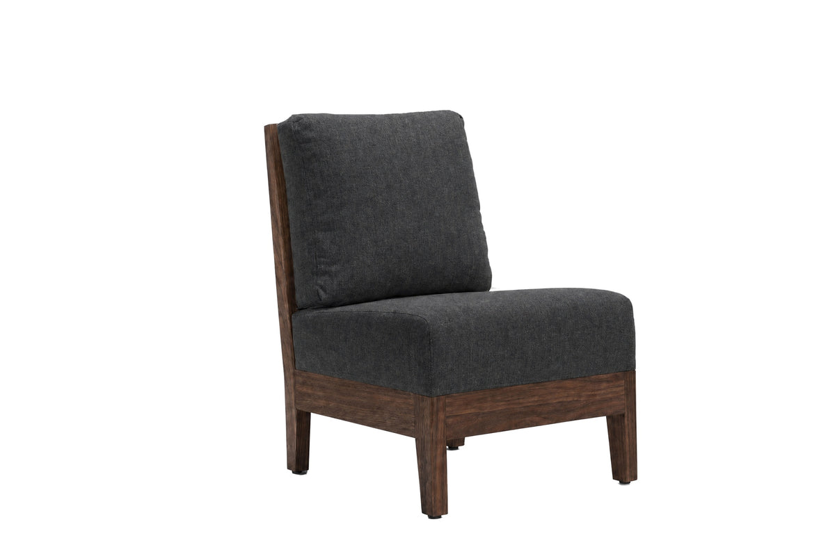 A modern accent chair with dark gray textured fabric upholstery and a medium brown wooden frame, shown against a plain white background.