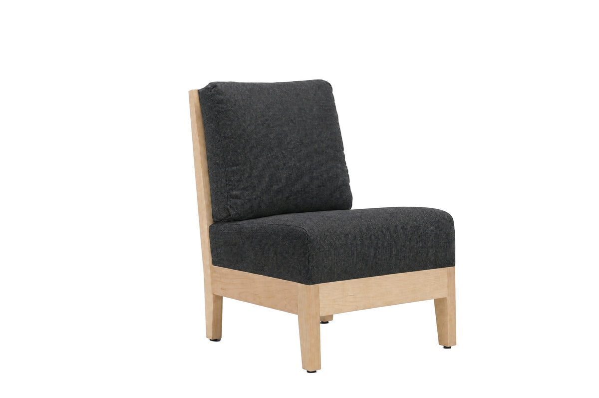 A modern accent chair with a dark charcoal gray upholstered seat and backrest, supported by a light natural wood frame with tapered legs, shown against a plain white background.