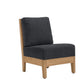 A modern accent chair with a dark charcoal gray textured fabric cushion and a light natural oak wood frame, shown against a plain white background.