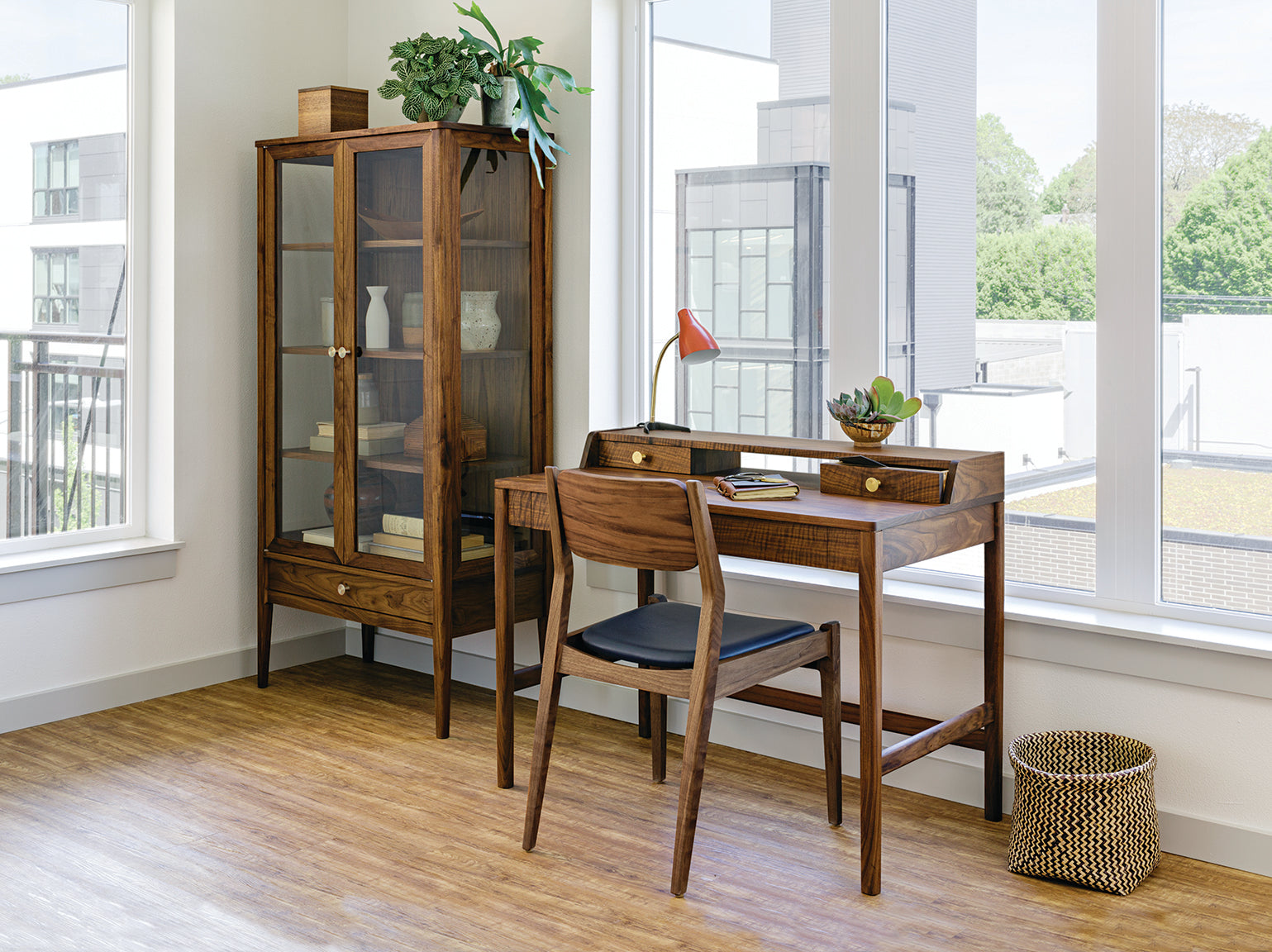 Whitman Curio in Eastern Walnut with Maud Desk and Whitman Chair