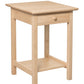 A light natural wood side table with a single drawer, round wooden knob, and an open lower shelf, shown on a plain white background.